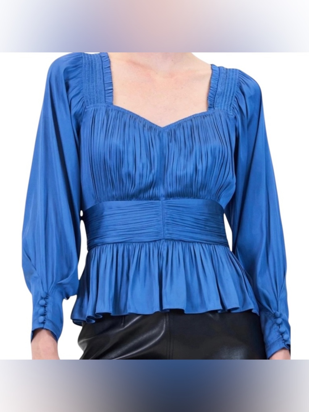 NWT Hunter Bell Caro Crinkle Satin Long Sleeve Smocked Shoulder V-Neck PeplumTop